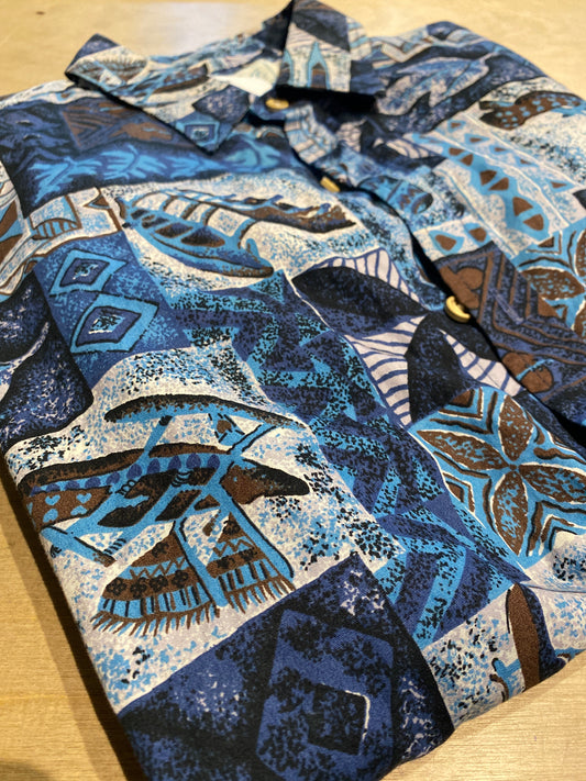 Kolekole Vintage Blue Hawaiian Button Up Shirt Large Made in USA