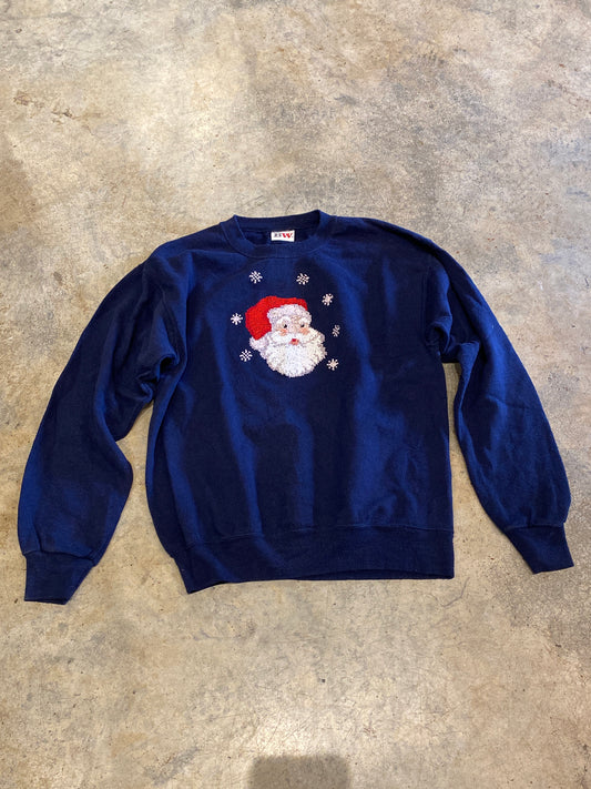 Bassett - Walker BW Vintage Santa Cross Stitch Navy Blue Crewneck Sweater Vintage Christmas