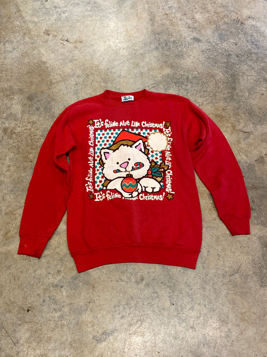 B.J. Design Feline Christmas Red Crewneck Large Sweater Vintage