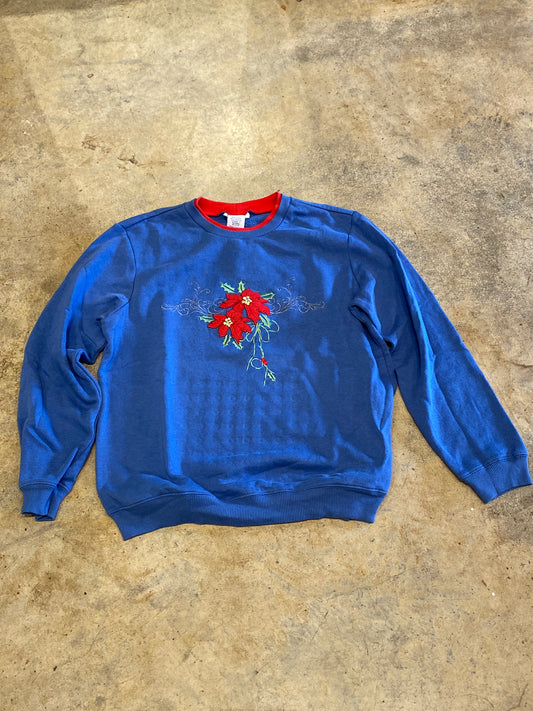 Blair Poinsettia Blue Christmas Vintage Crewneck Sweater Medium