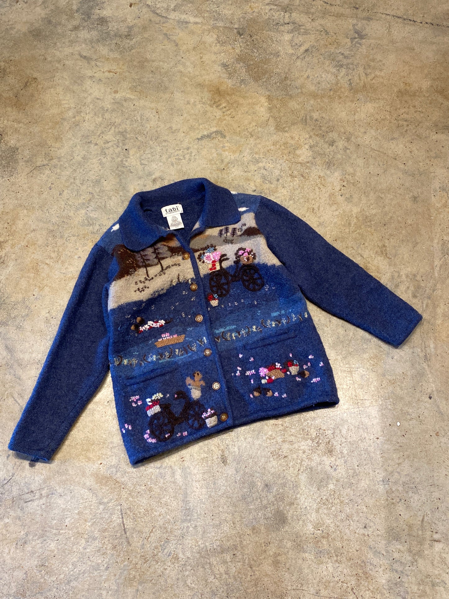 Tabi International Wool Blue Bicycle Design Knit Medium Button Up Sweater