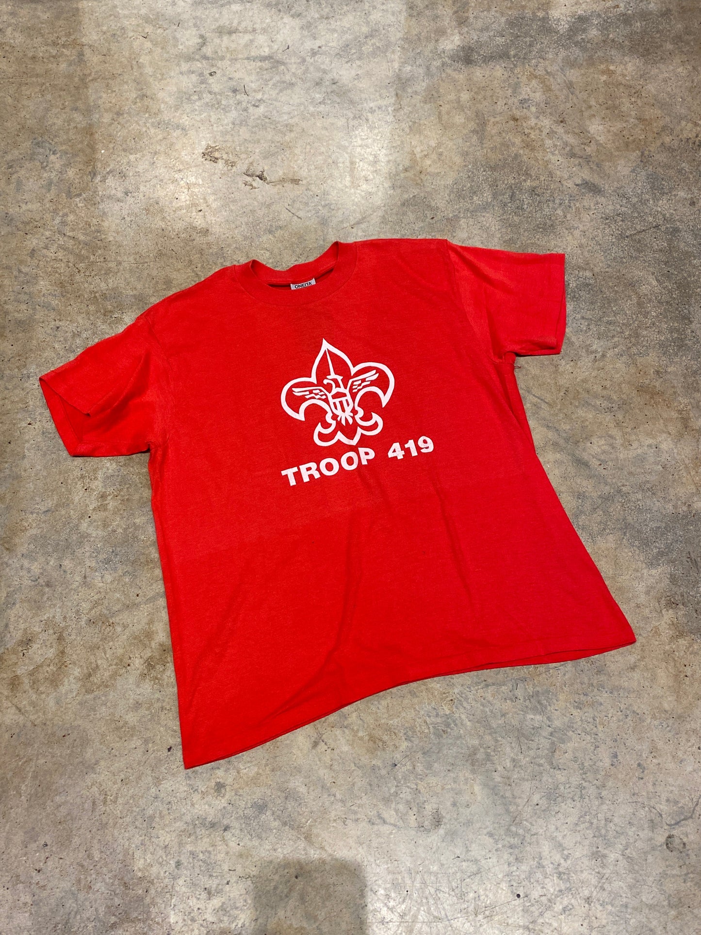 Oneita Troop 419 Fleur De Lys Military SS Xlarge USA Red Single Stitch Vintage Shirt