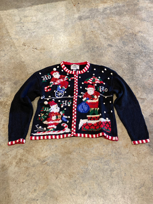 Tiara Petites 1999 Knitted Christmas Sweater Zip Up Black Medium